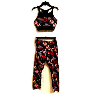 Lorna Jane Navy Exotic Tropical Flower 7/8 Tights & Sports Bra sz S YOGA PILATES